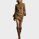 Ambra | Vestito Corto in Camoscio con Collo Alto