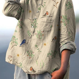 Rachele | Camicia Casual da Donna con Stampa di Rami e Uccelli Robin