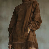 Rachele | Vestito in camoscio con colletto alto e frange