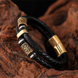 Bracciale in Pelle Nera Intrecciato con Pendente d'Oro