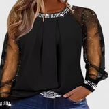 Blusa Elegante Flor con Maniche in Tulle e Accenti di Strass