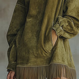 Rachele | Vestito in camoscio con colletto alto e frange